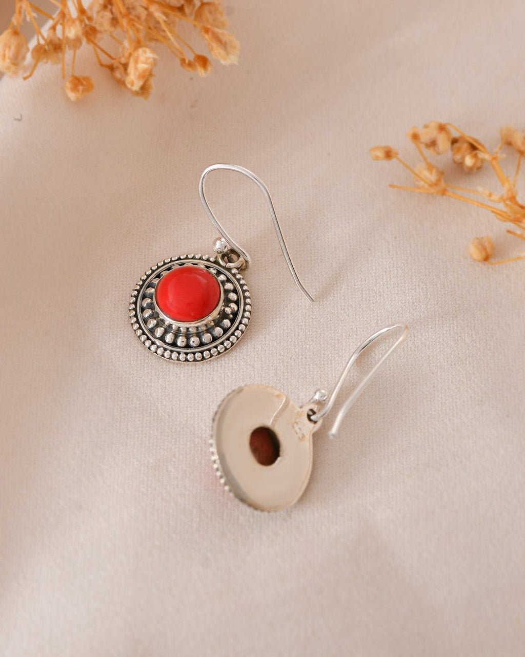 Handcrafted 925 Silver Red Gemstone Circular Drop Earrings