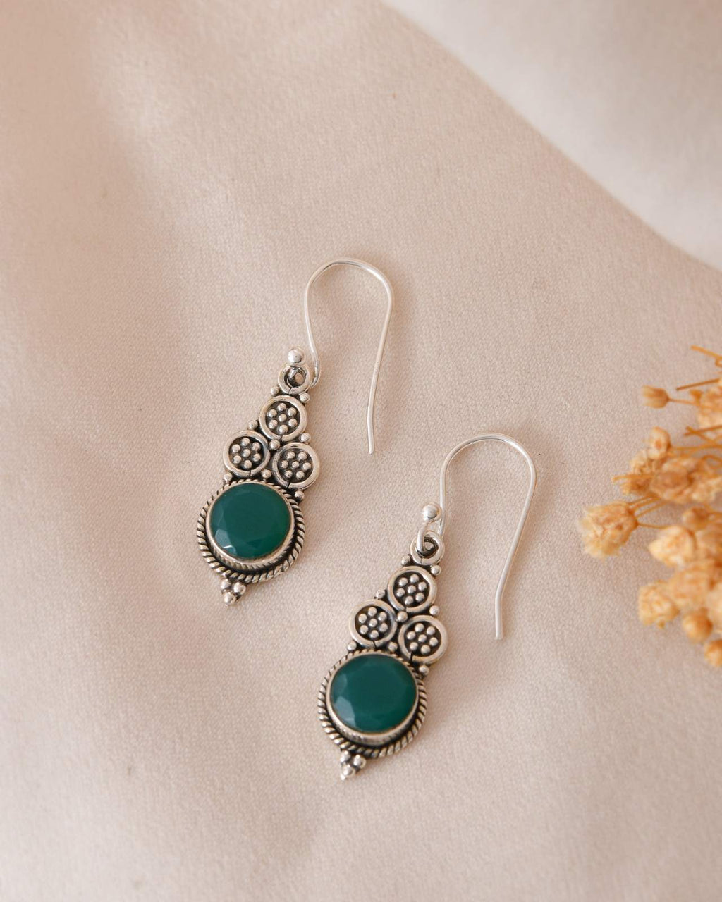 Handcrafted 925 Silver Green Gemstone Tiered Drop Earrings