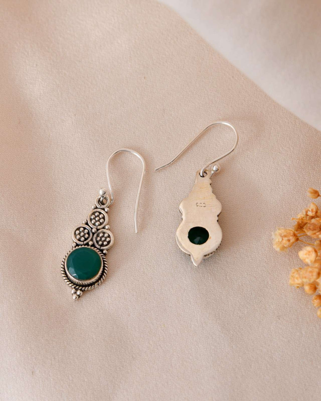 Handcrafted 925 Silver Green Gemstone Tiered Drop Earrings