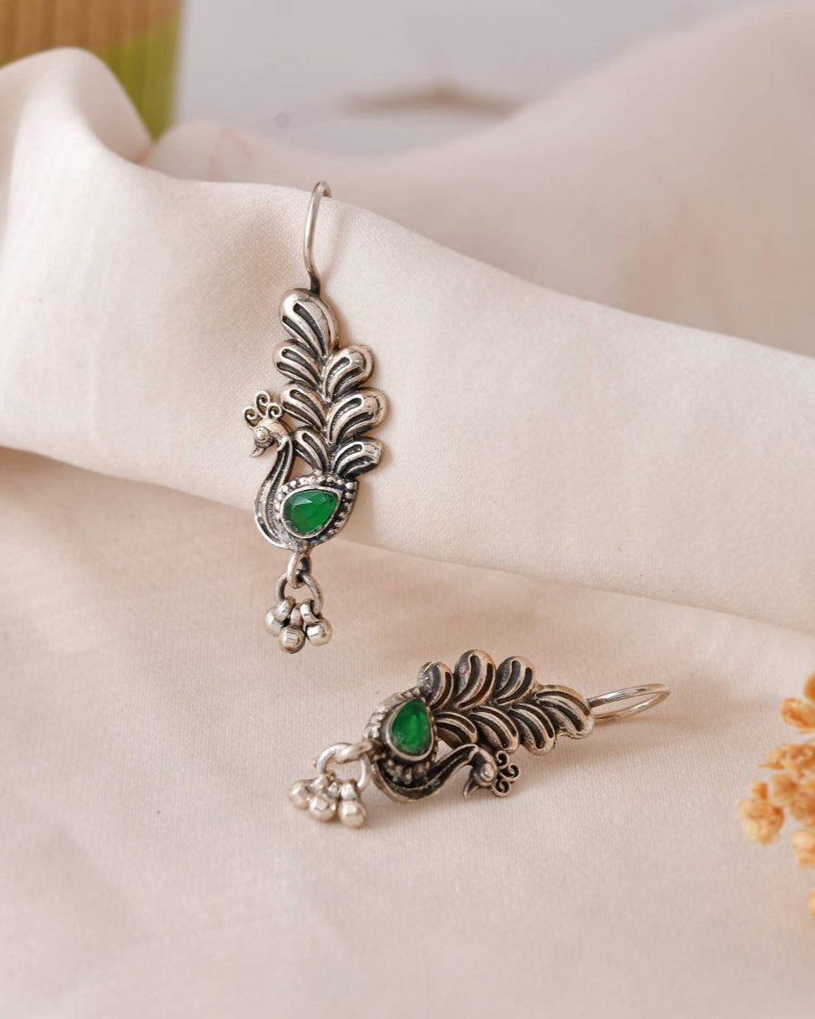 Handcrafted 925 Silver Green Gemstone Peacock Drop Earrings