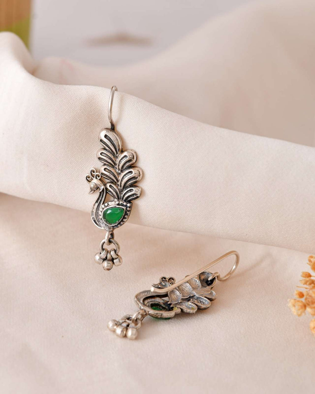 Handcrafted 925 Silver Green Gemstone Peacock Drop Earrings