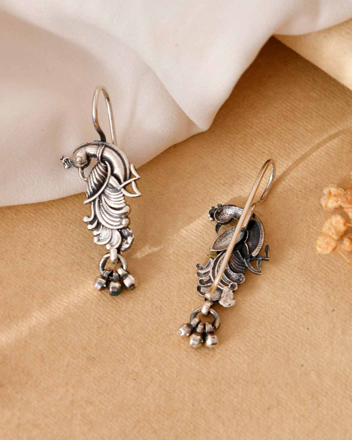 Handcrafted 925 Silver Peacock Drop Earrings