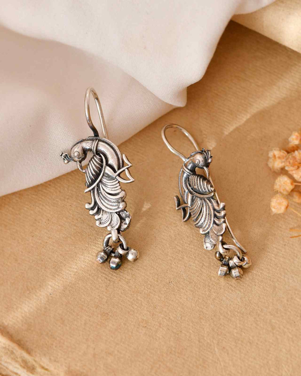 Handcrafted 925 Silver Peacock Drop Earrings