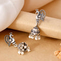 Handcrafted 925 Silver Dancing Peacock Stud & Pearl Drop Mini Jhumka Earrings