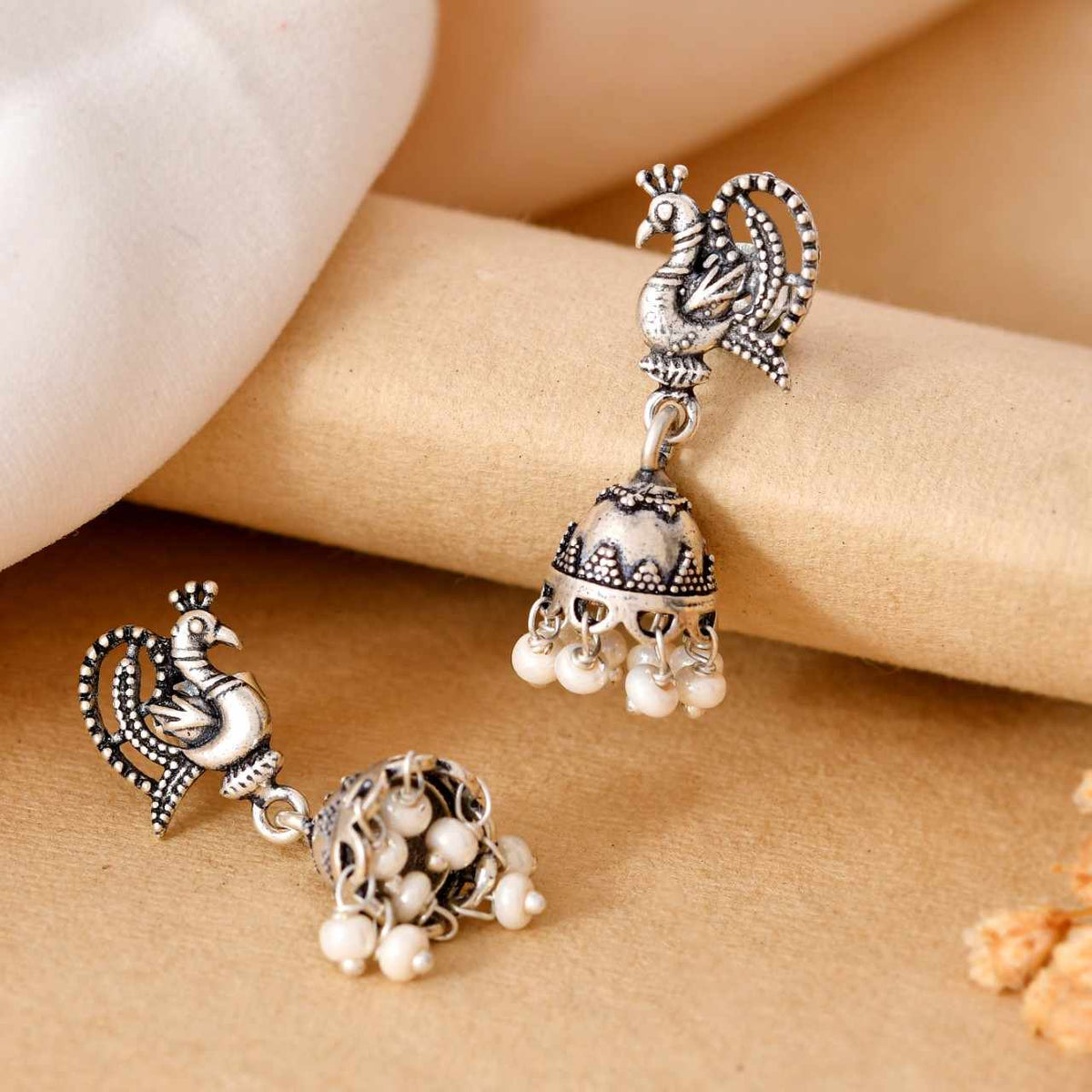 Handcrafted 925 Silver Dancing Peacock Stud & Pearl Drop Mini Jhumka Earrings