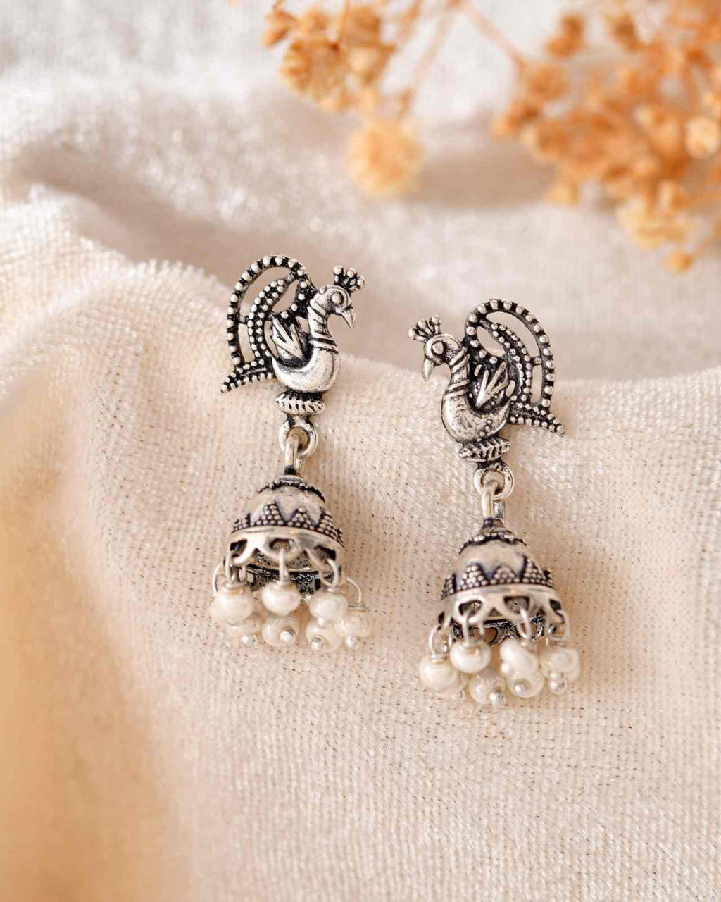 Handcrafted 925 Silver Dancing Peacock Stud & Pearl Drop Mini Jhumka Earrings
