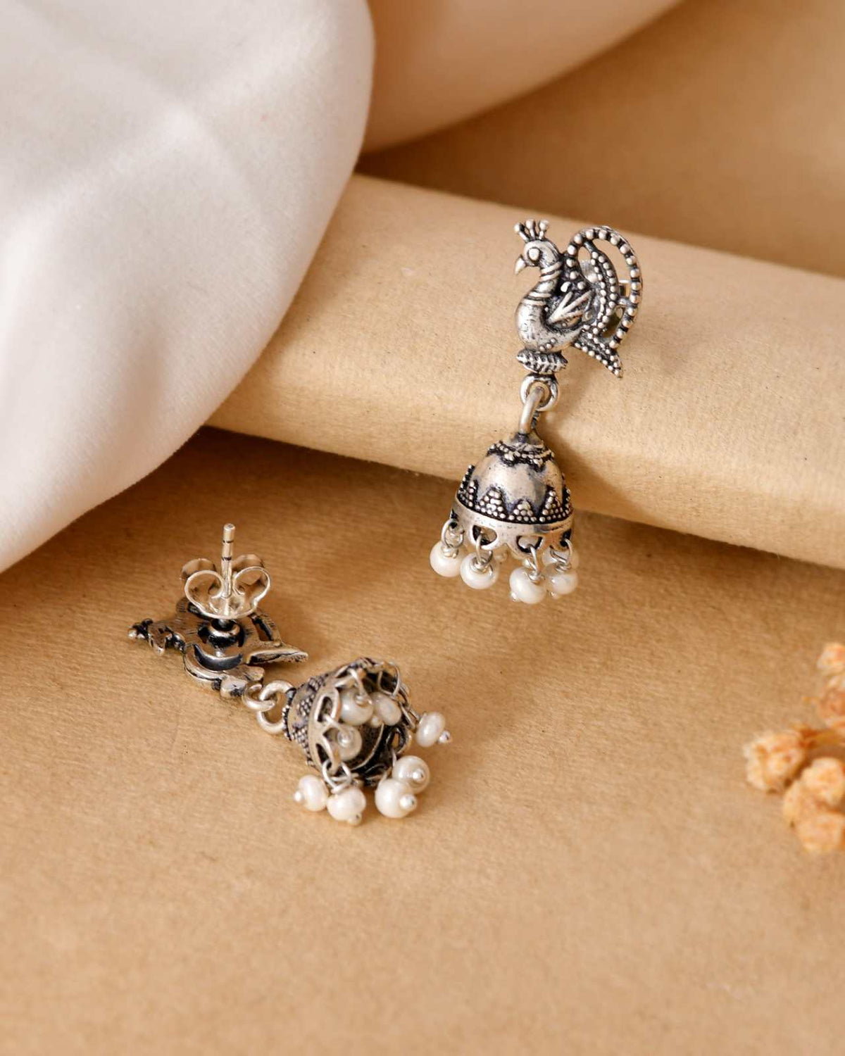Handcrafted 925 Silver Dancing Peacock Stud & Pearl Drop Mini Jhumka Earrings