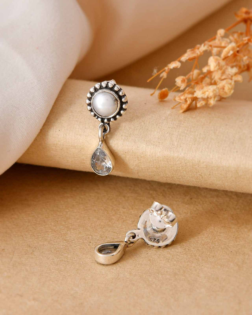 Handcrafted 925 Silver Round Pearl Stud Teardrop Clear Stone Drop Earrings