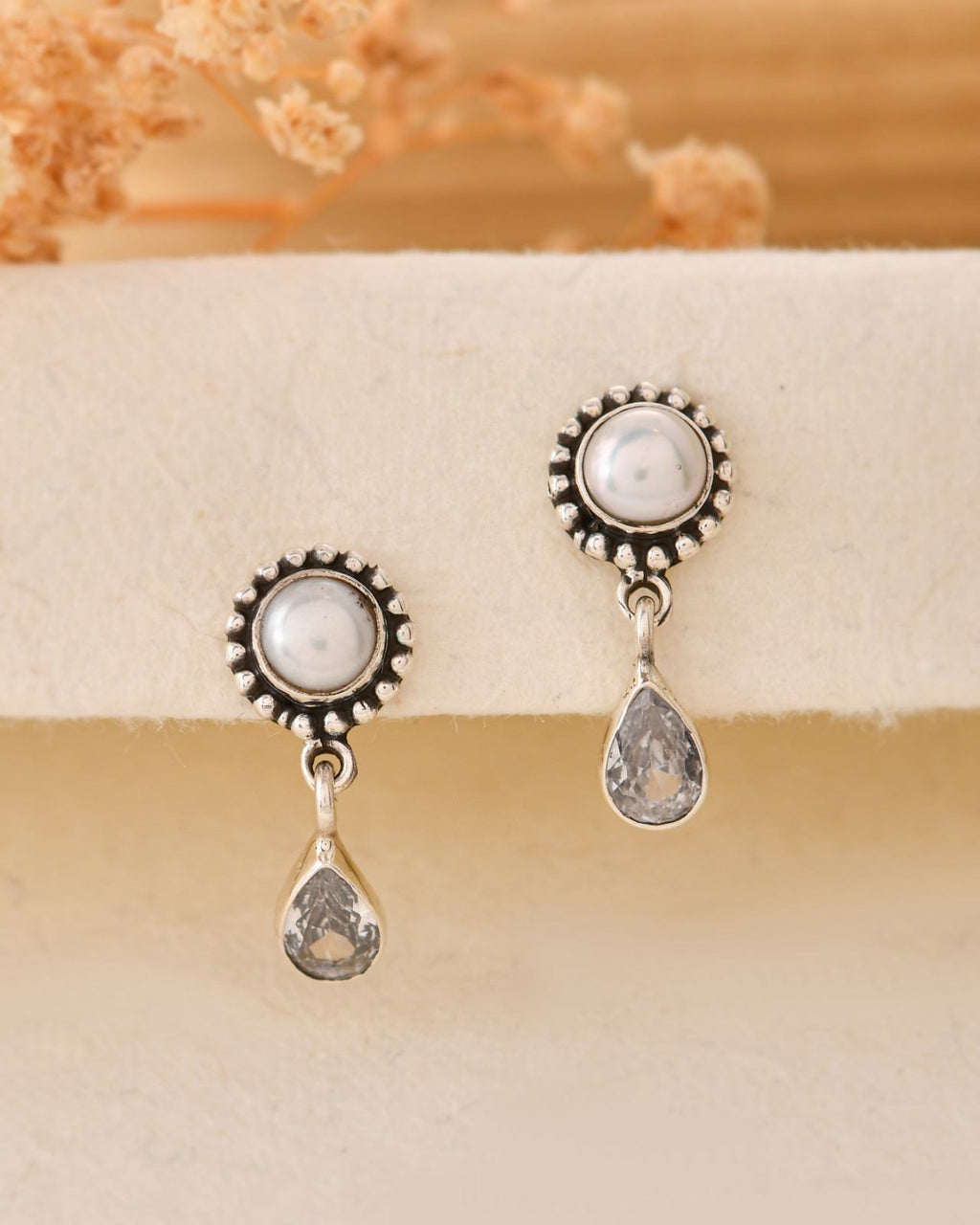Handcrafted 925 Silver Round Pearl Stud Teardrop Clear Stone Drop Earrings