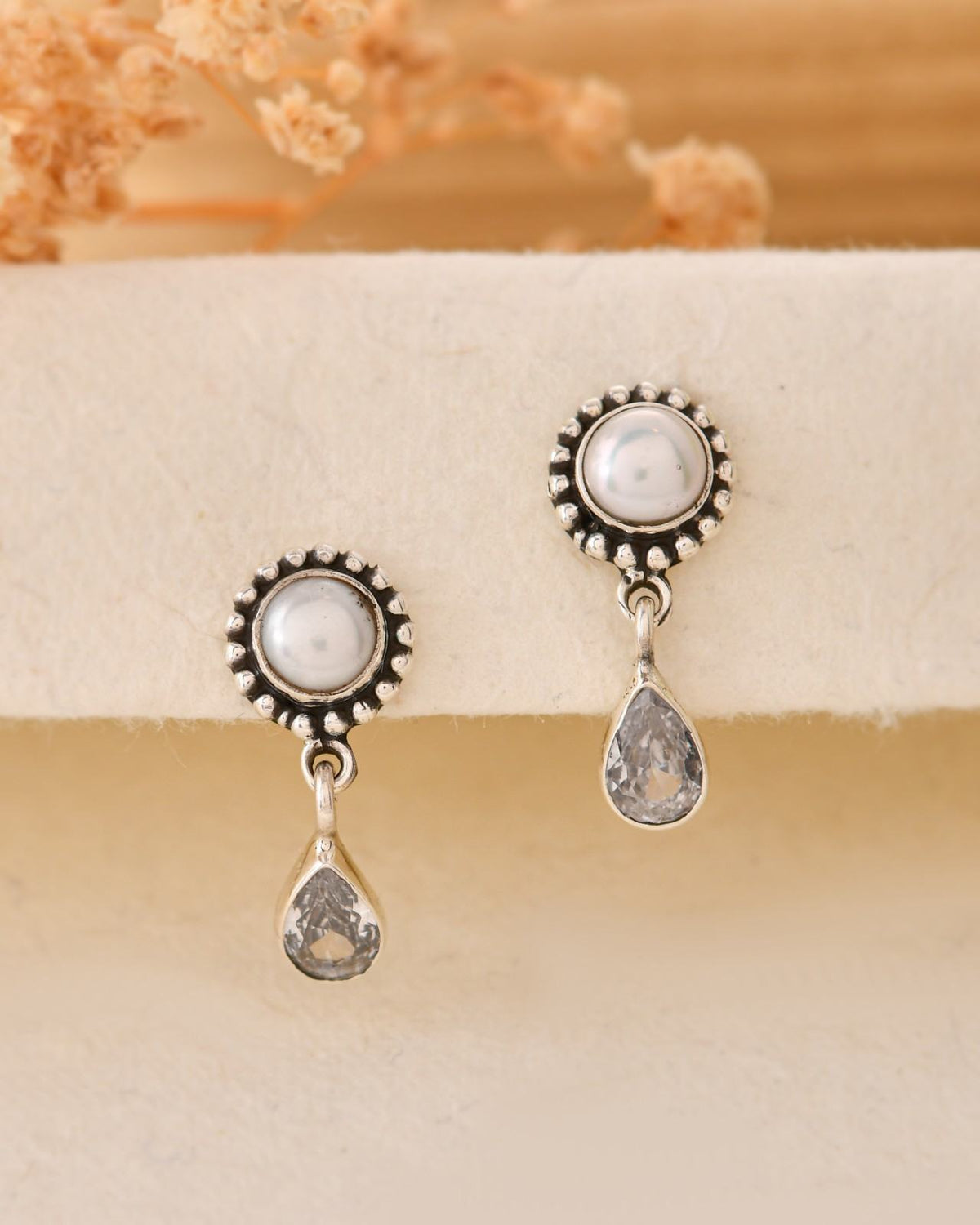 Handcrafted 925 Silver Round Pearl Stud Teardrop Clear Stone Drop Earrings