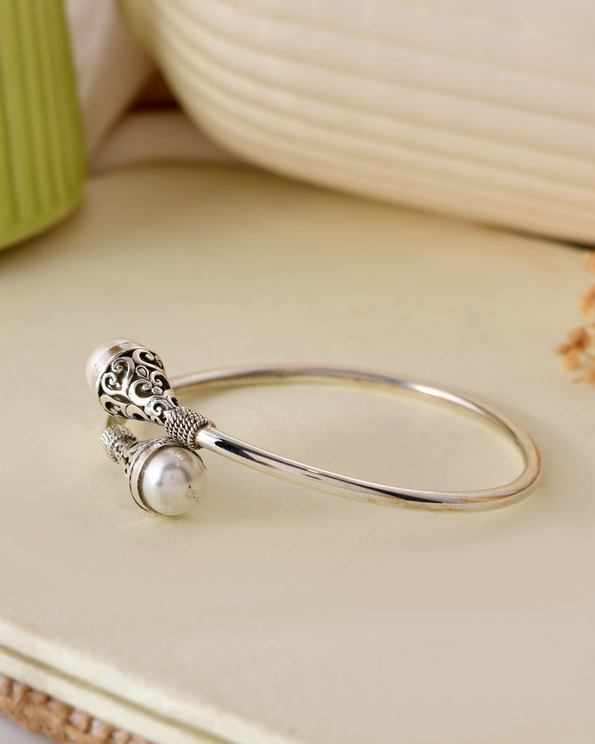 Pearl Embellished Ornate Silver Bracelet Bangle