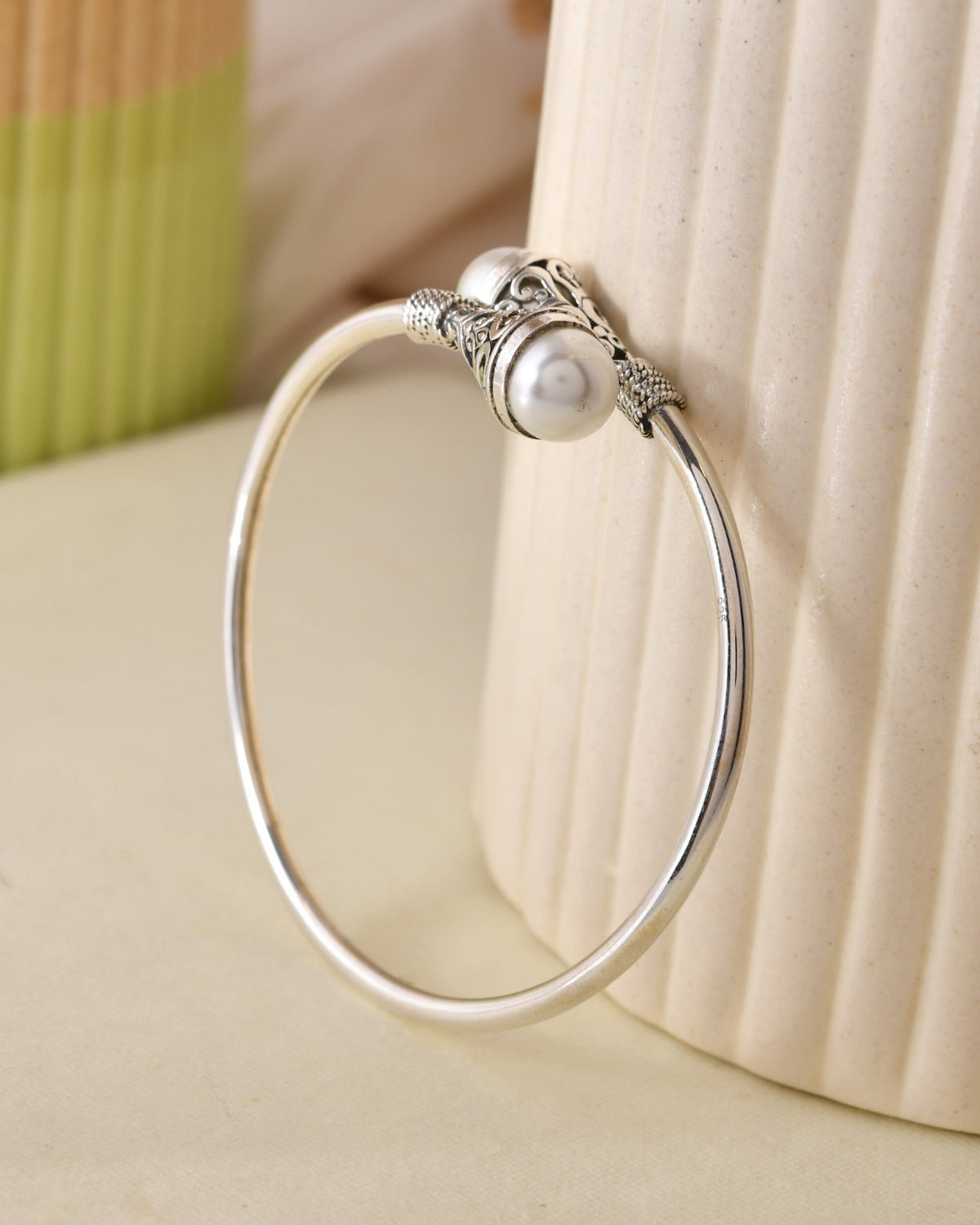 Pearl Embellished Ornate Silver Bracelet Bangle
