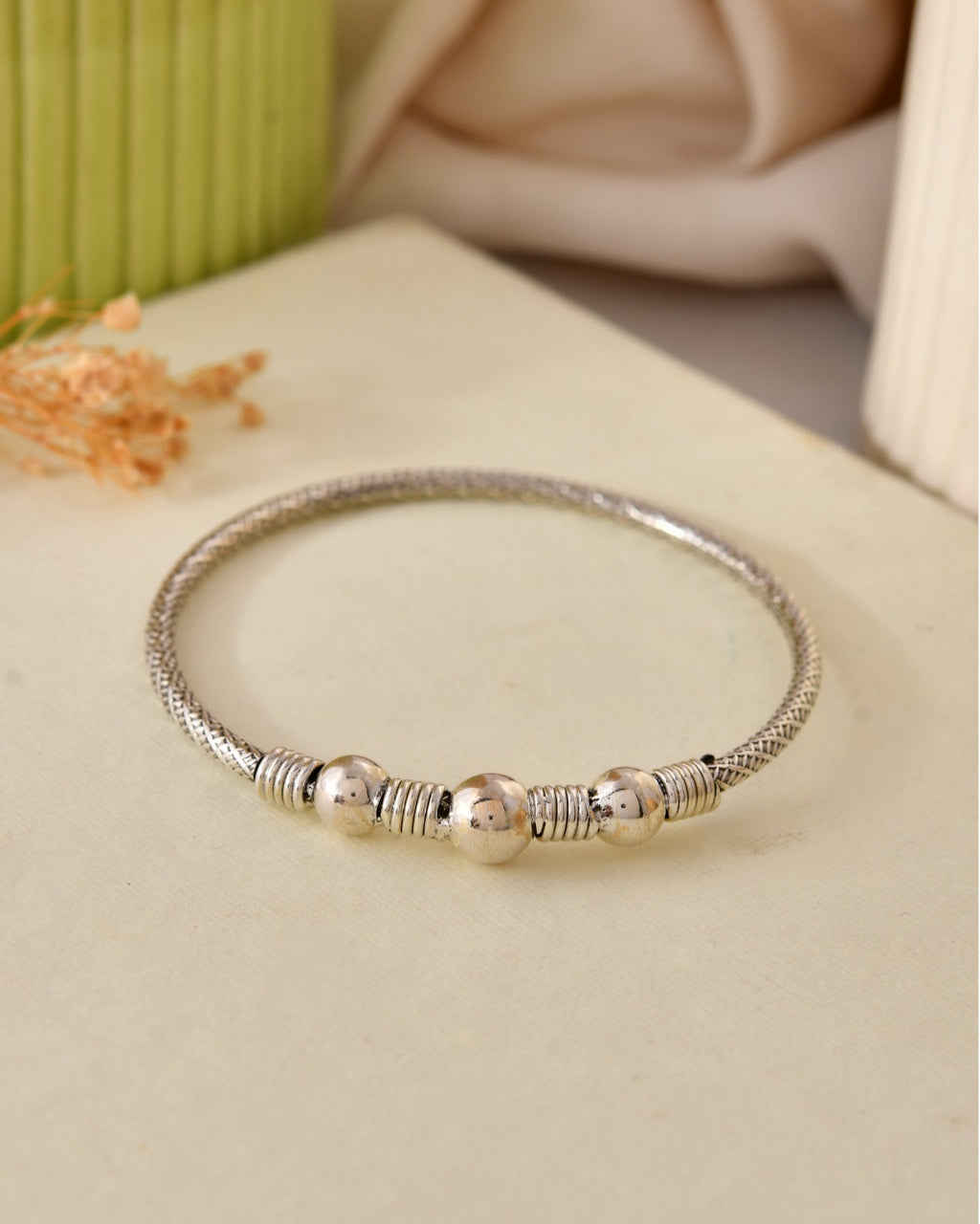 Triple Bead Textured Silver Bangle