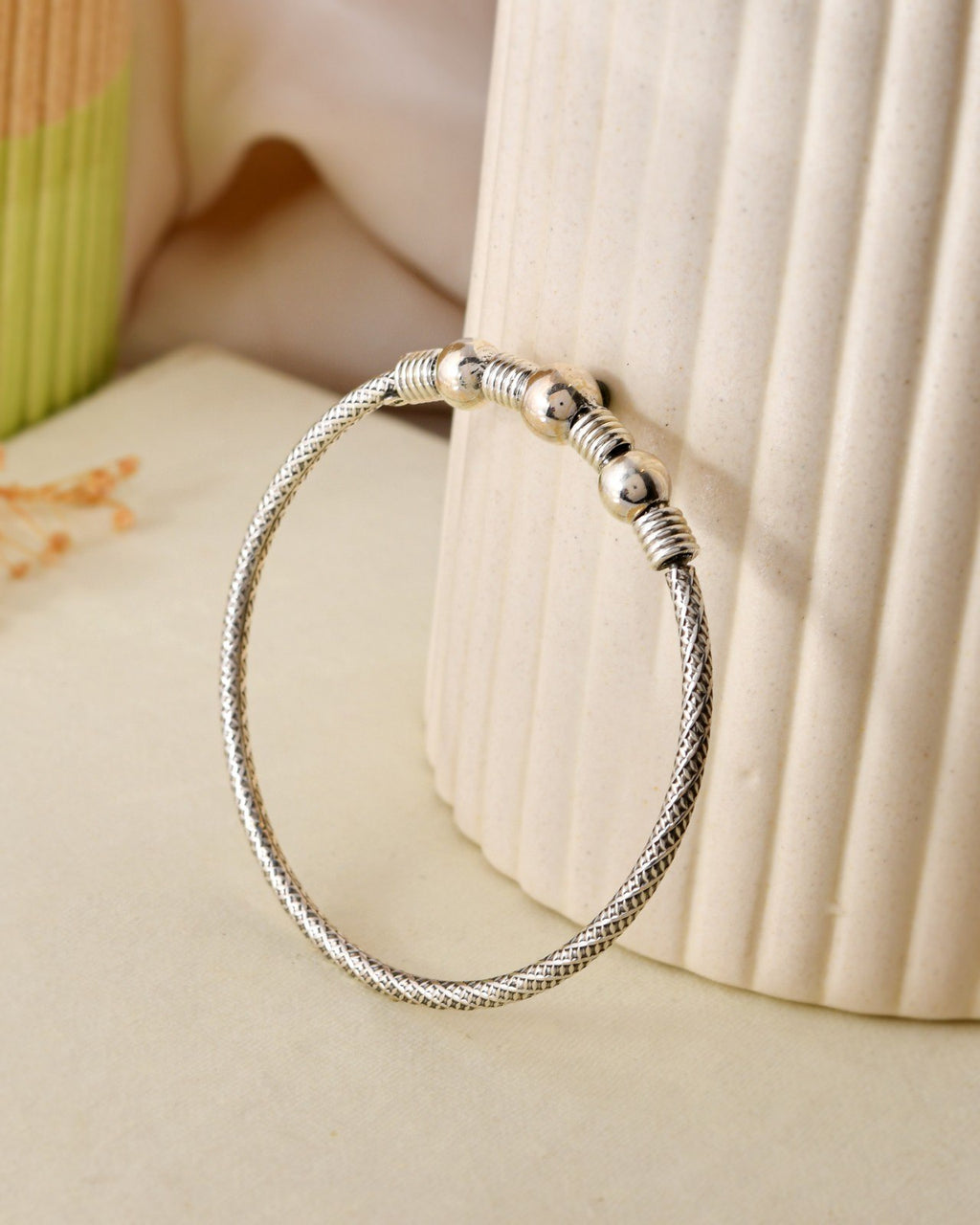 Triple Bead Textured Silver Bangle