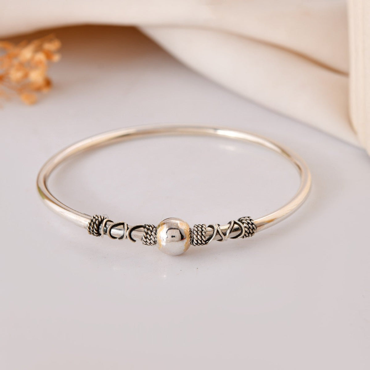 Ornate Round Bead Silver Bangle