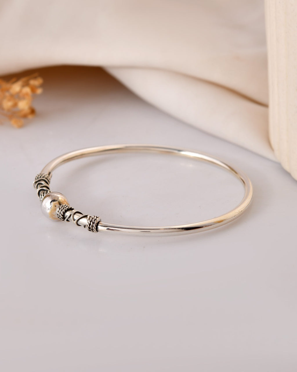 Ornate Round Bead Silver Bangle