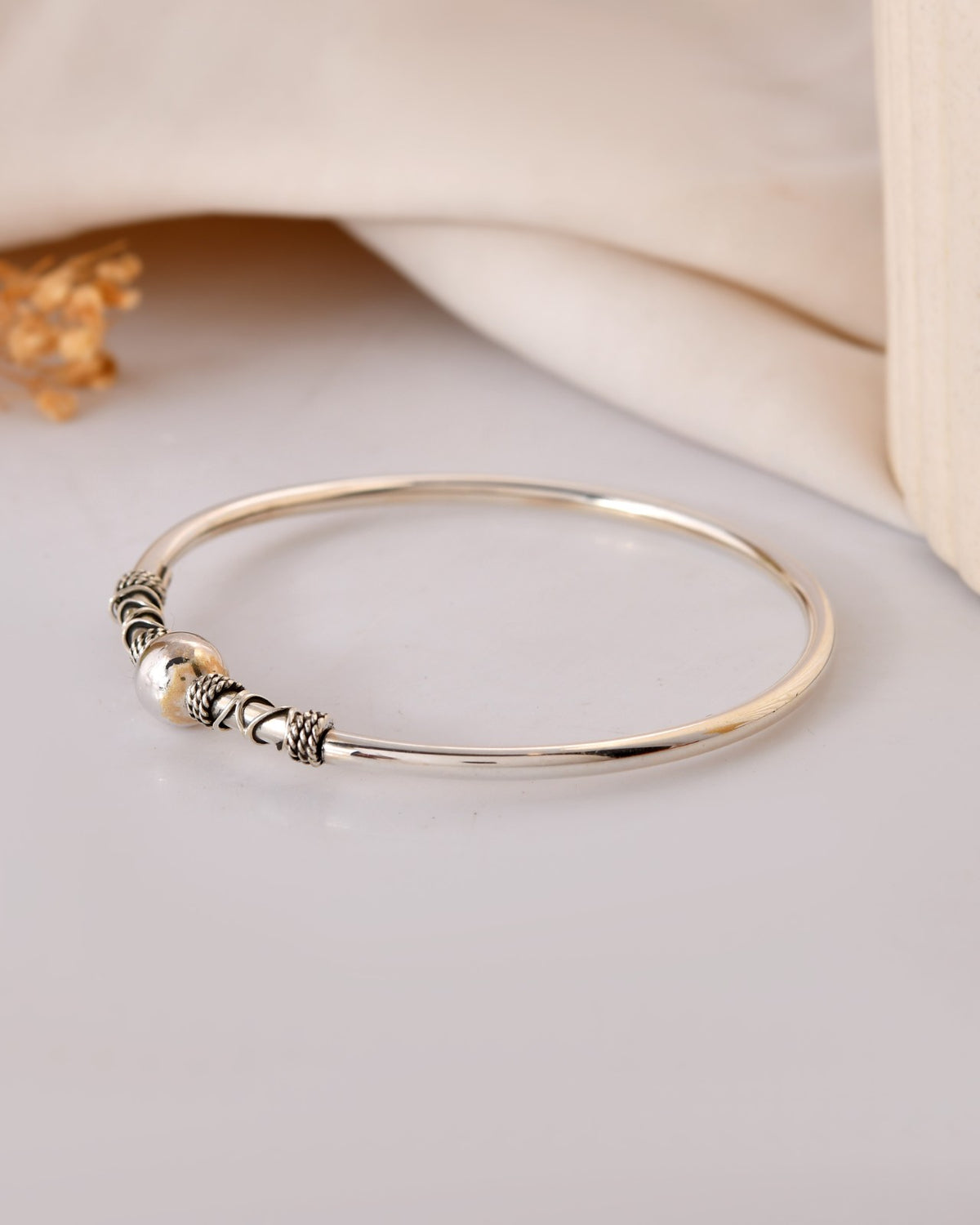 Ornate Round Bead Silver Bangle