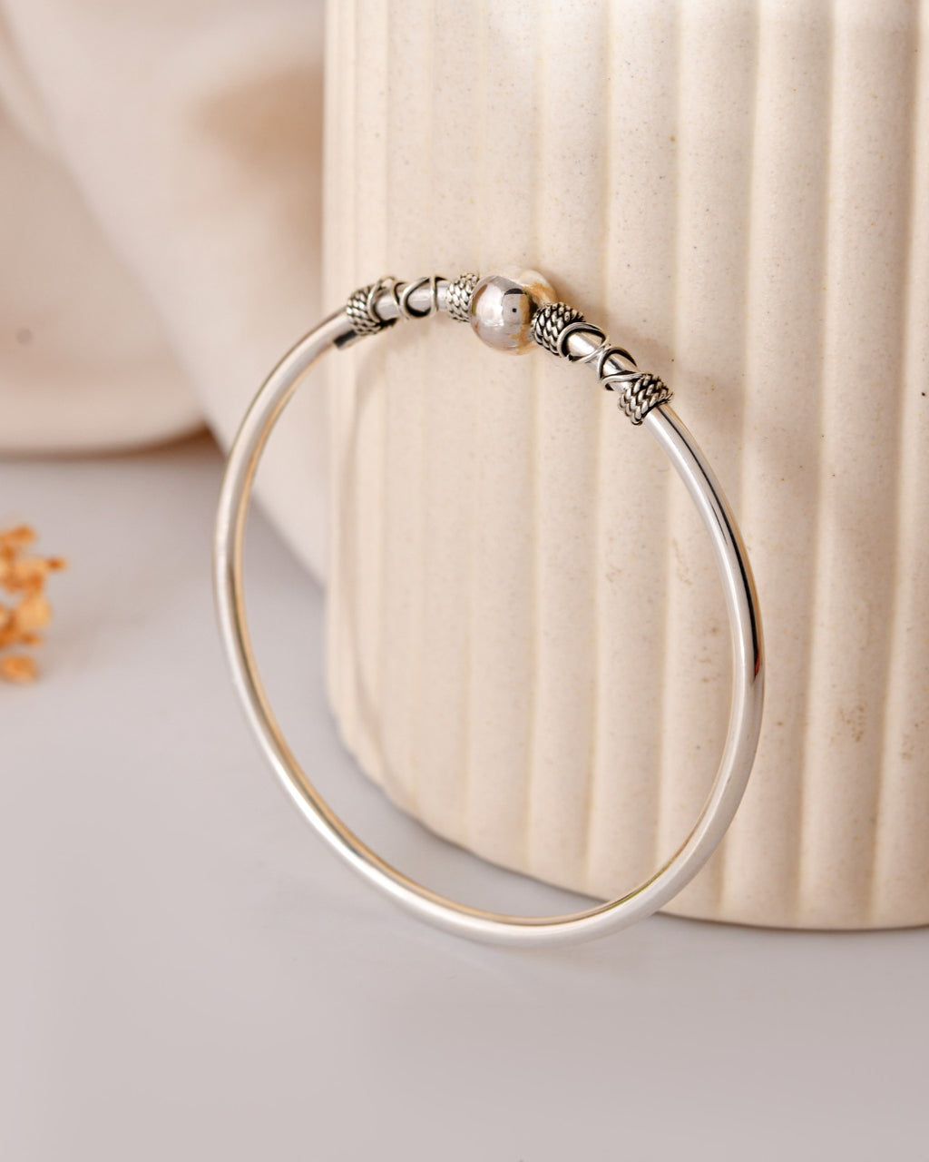 Ornate Round Bead Silver Bangle