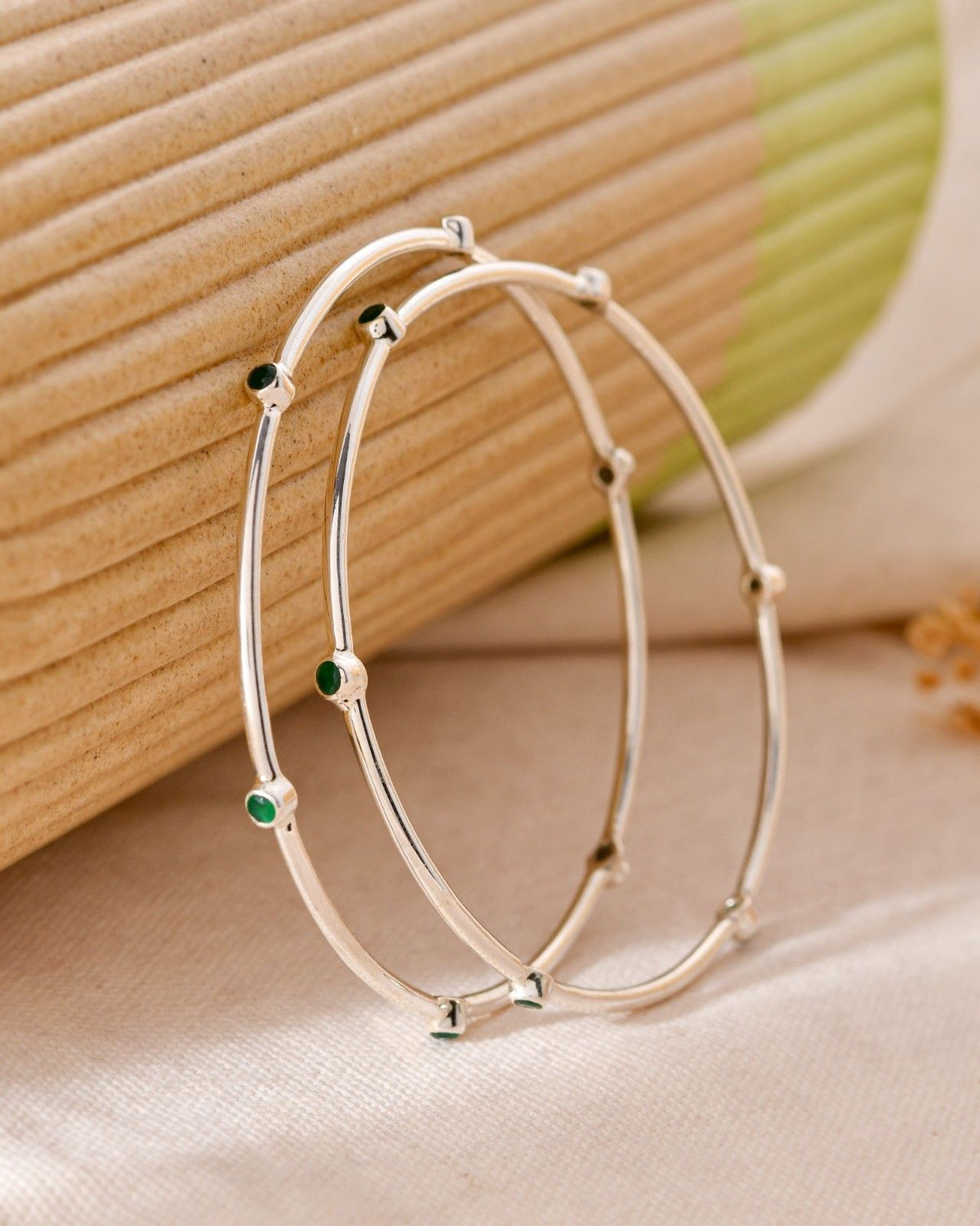 Silver Green Stone Minimal Bangle