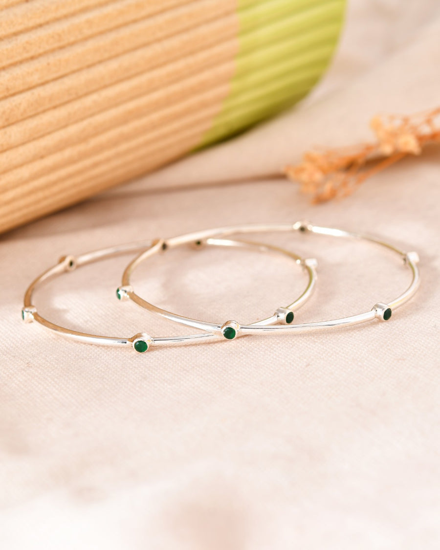Silver Green Stone Minimal Bangle