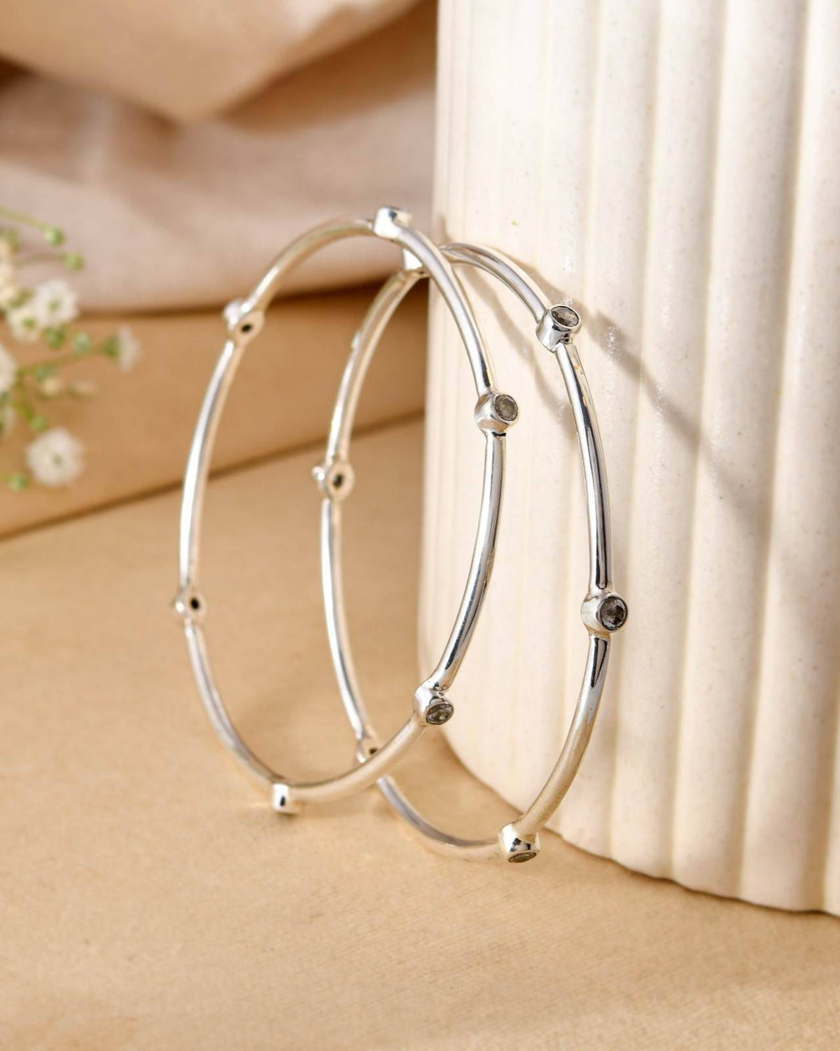 Silver Red And Green Stone Minimal Bangle