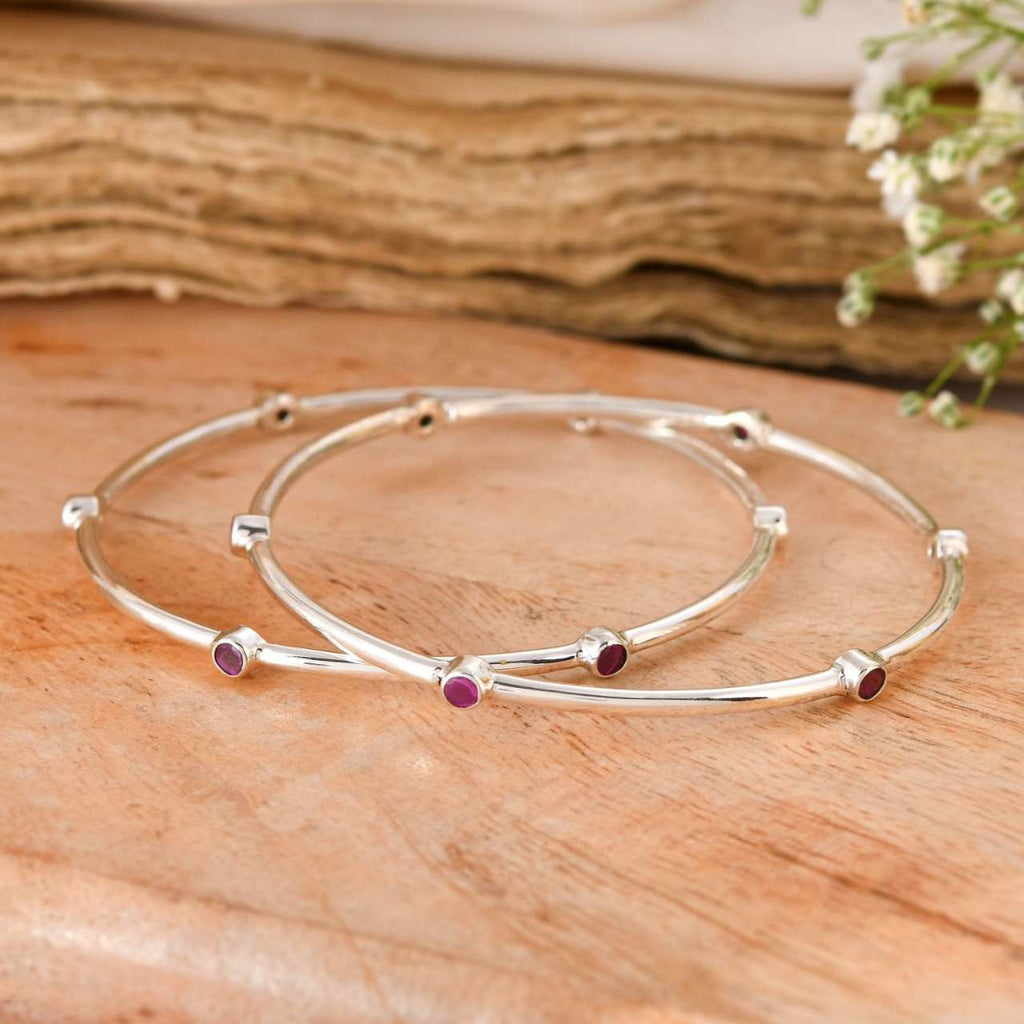 Silver Red And Green Stone Minimal Bangle