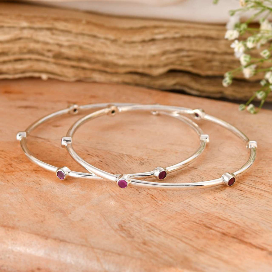 Silver Red And Green Stone Minimal Bangle