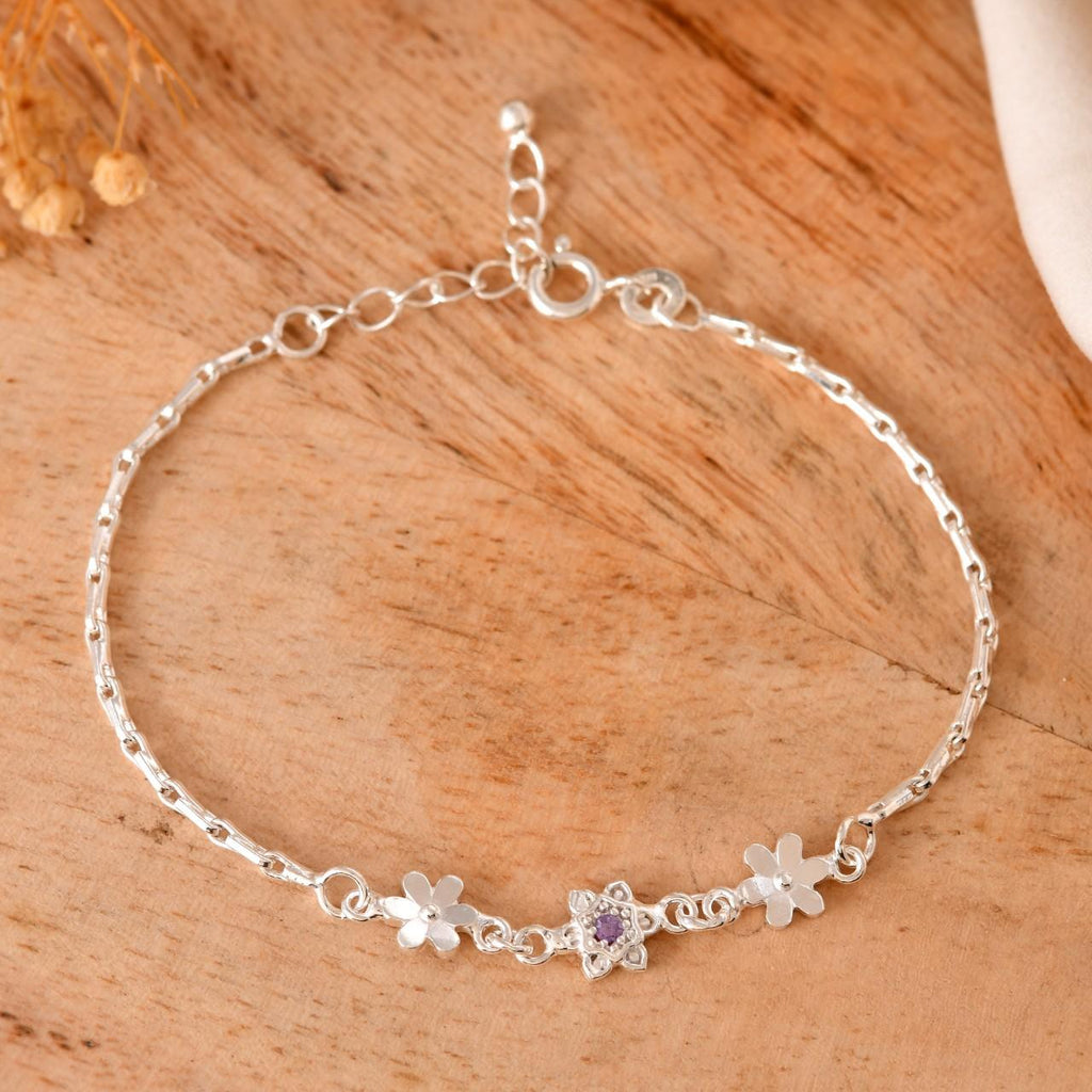Floral Link Charm Silver Bracelet