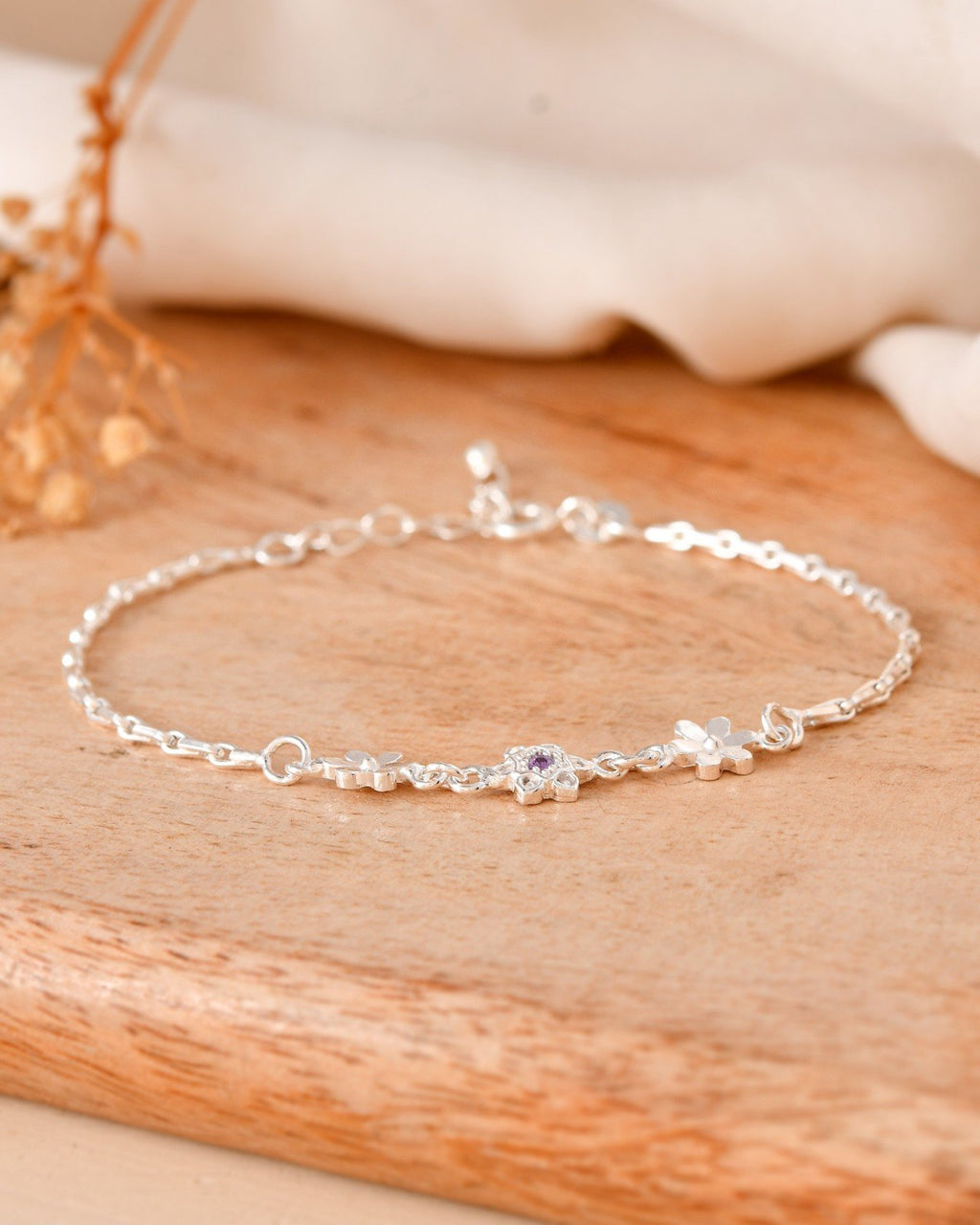 Floral Link Charm Silver Bracelet