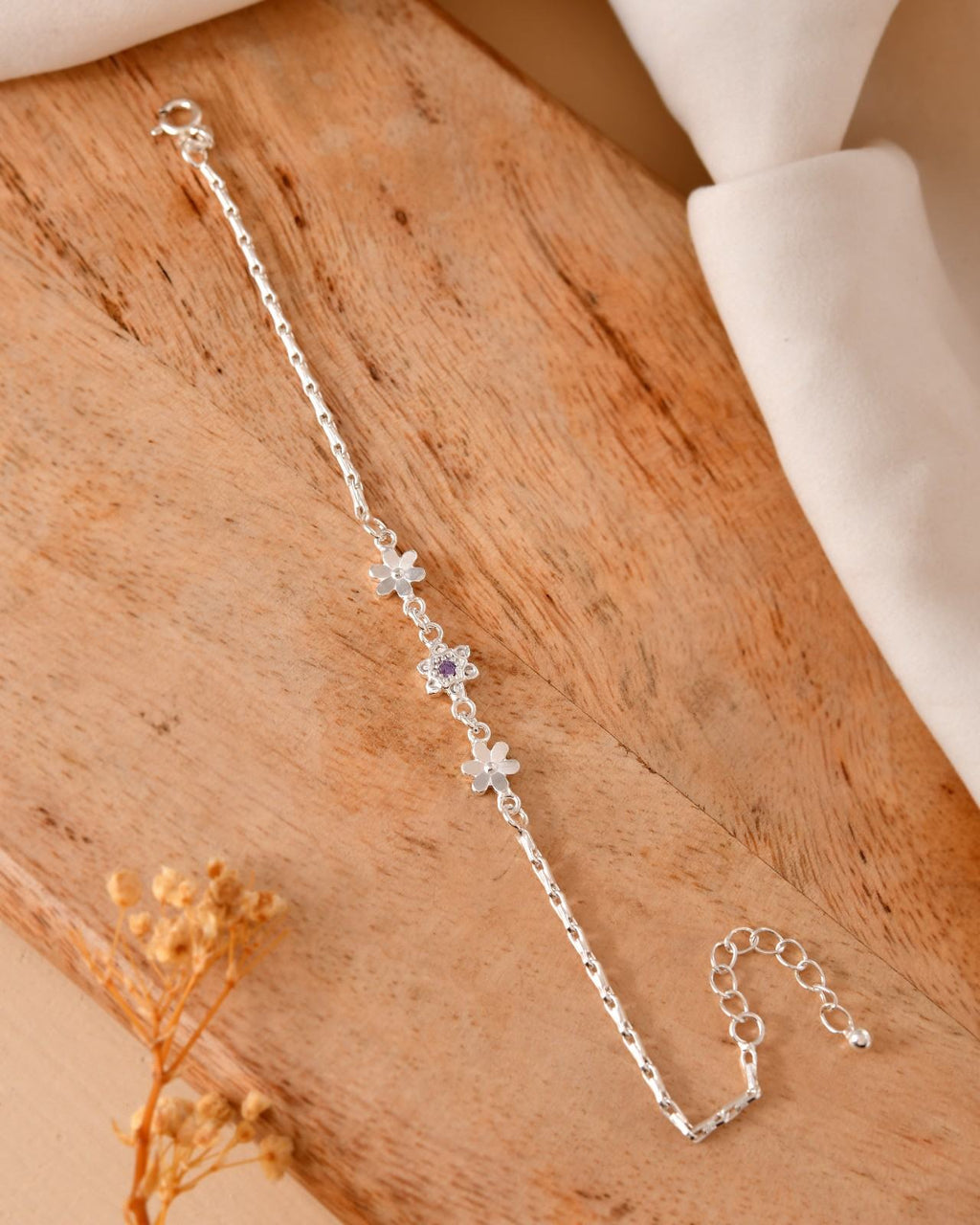 Floral Link Charm Silver Bracelet