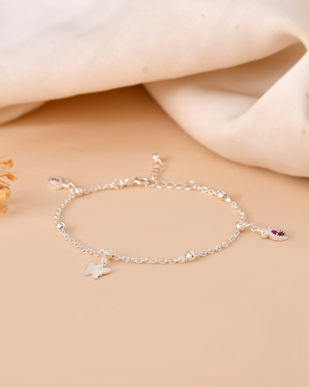 Red Stone Charm Silver Bracelet