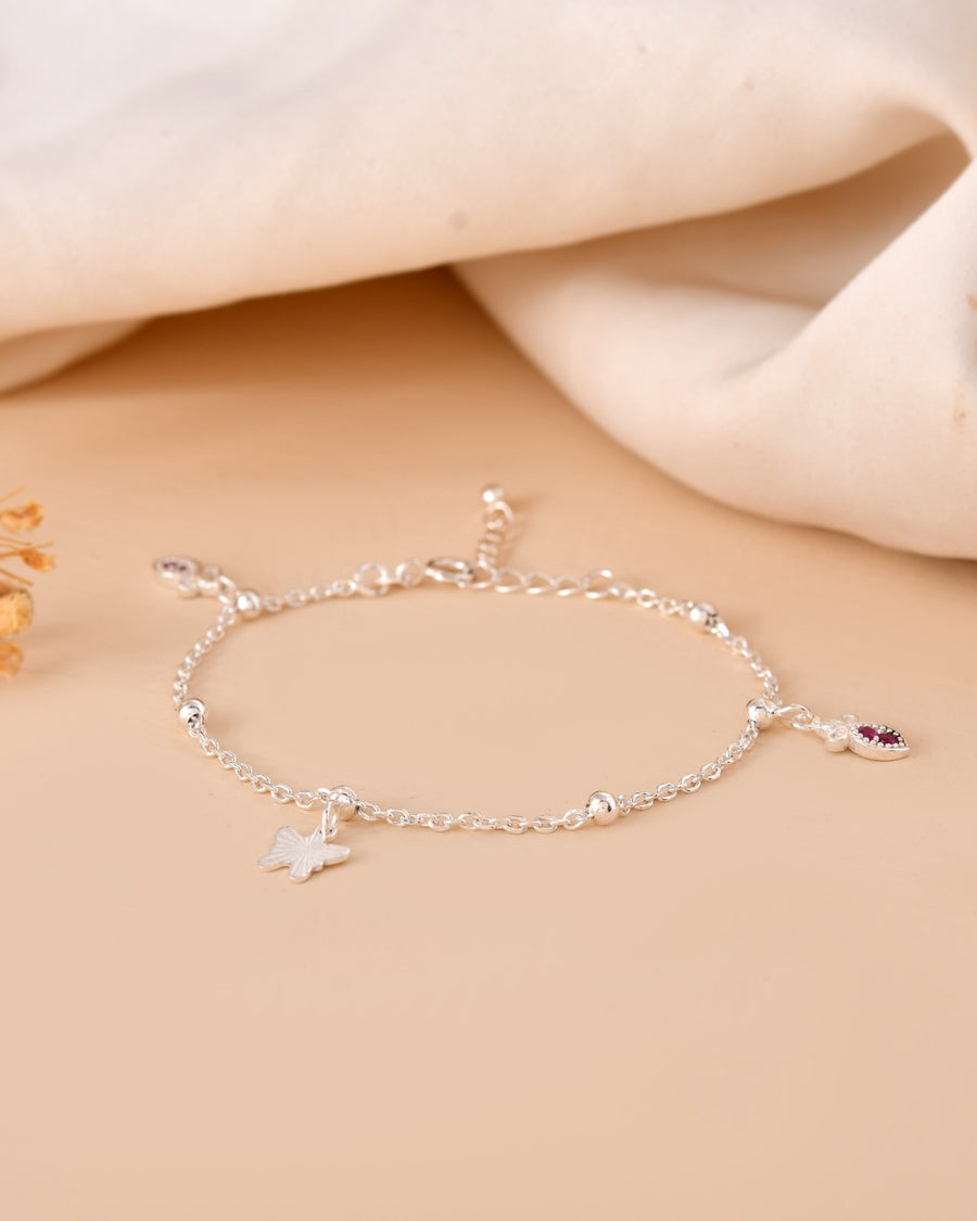 Red Stone Charm Silver Bracelet