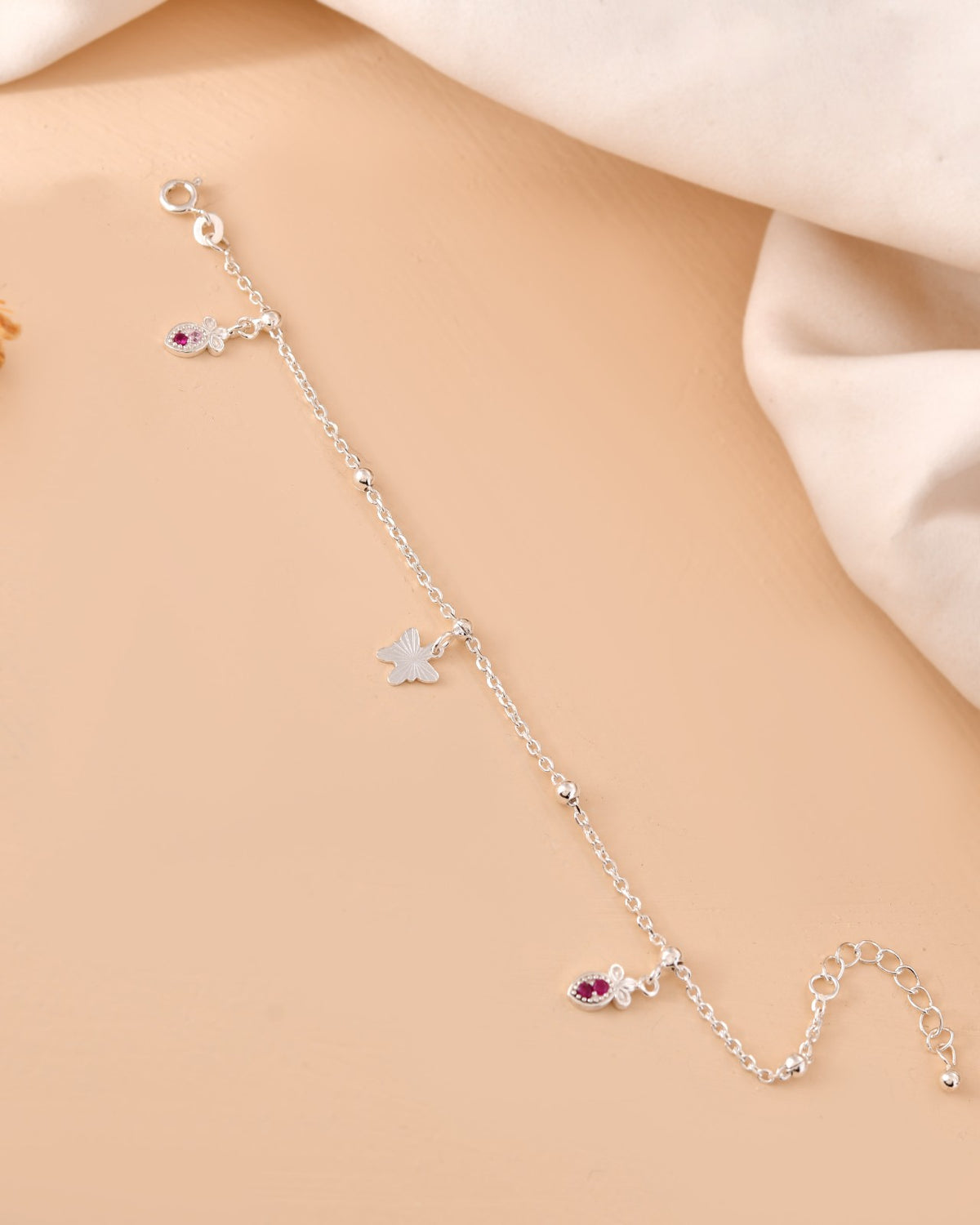 Red Stone Charm Silver Bracelet