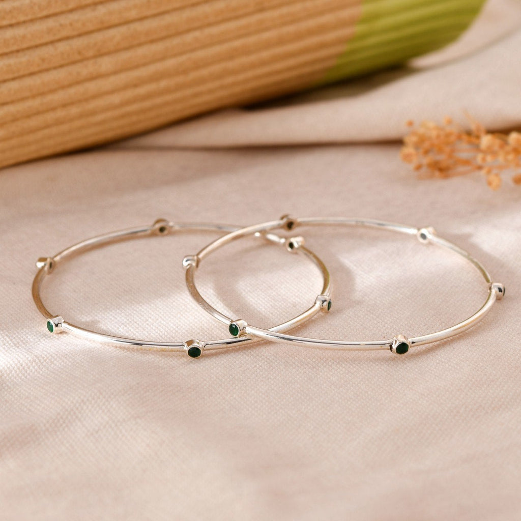 Silver Green Stone Minimal Bangle