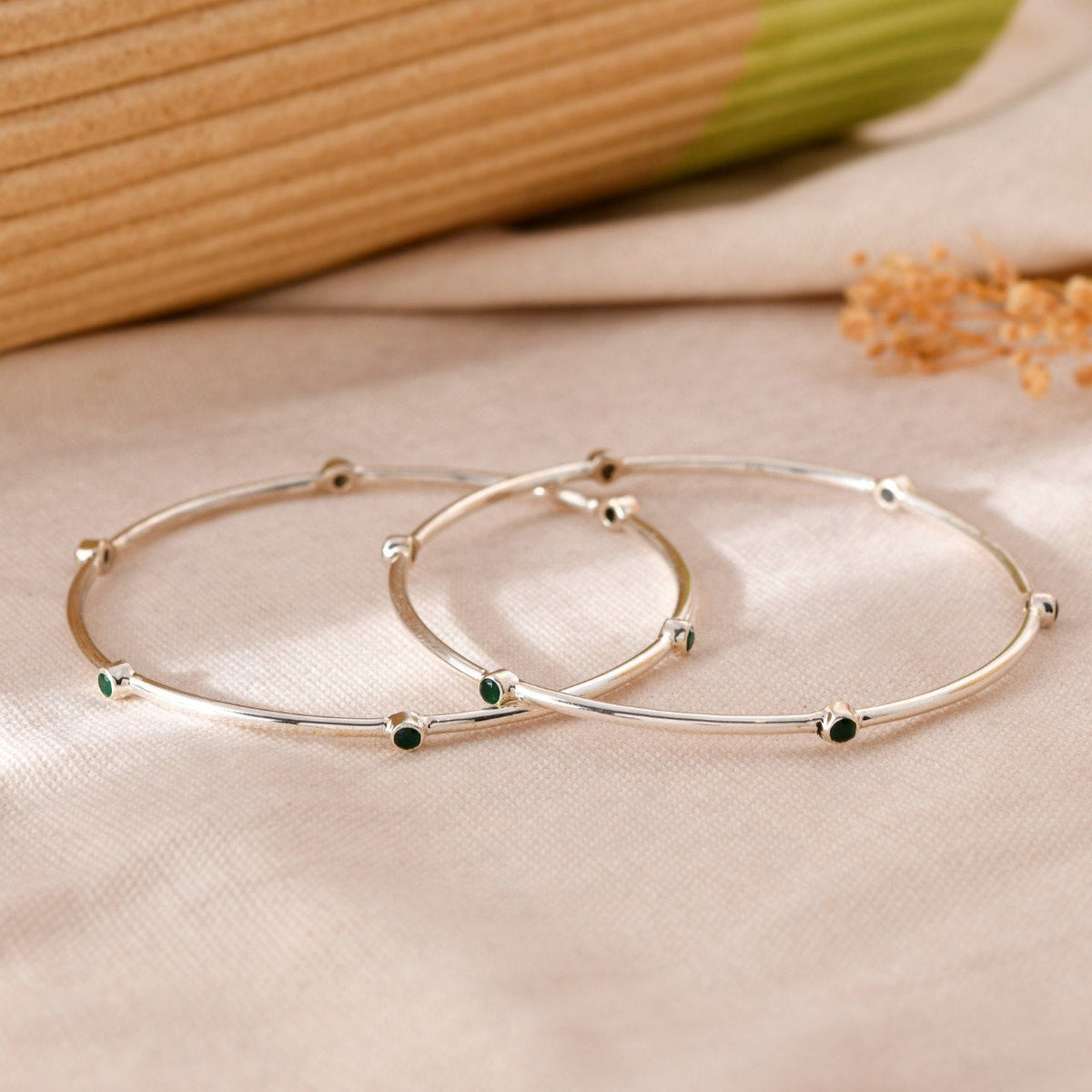 Silver Green Stone Minimal Bangle