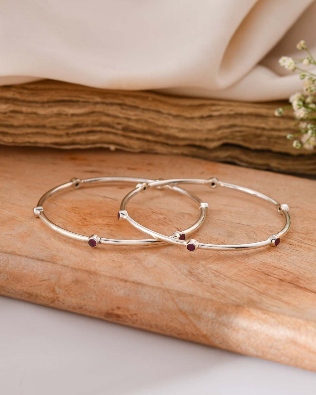 Silver Red And Green Stone Minimal Bangle