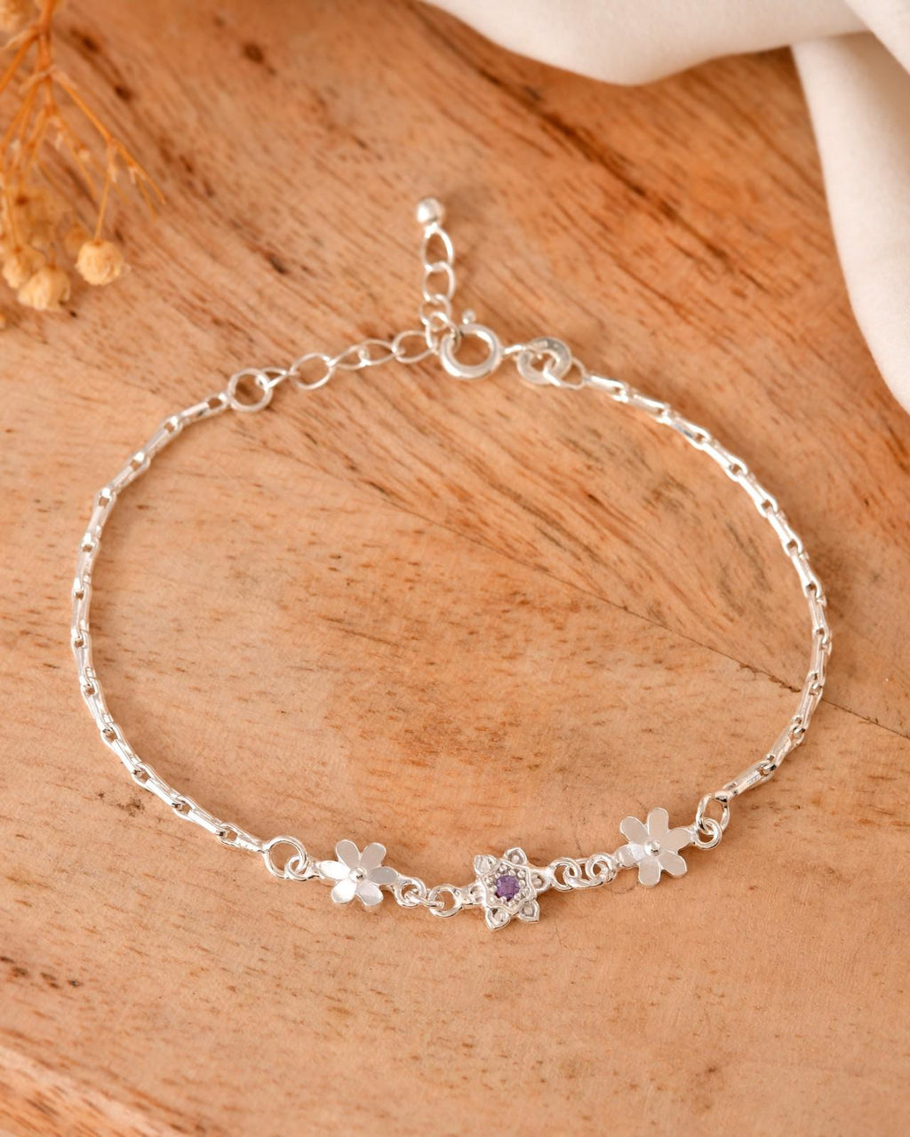 Floral Link Charm Silver Bracelet