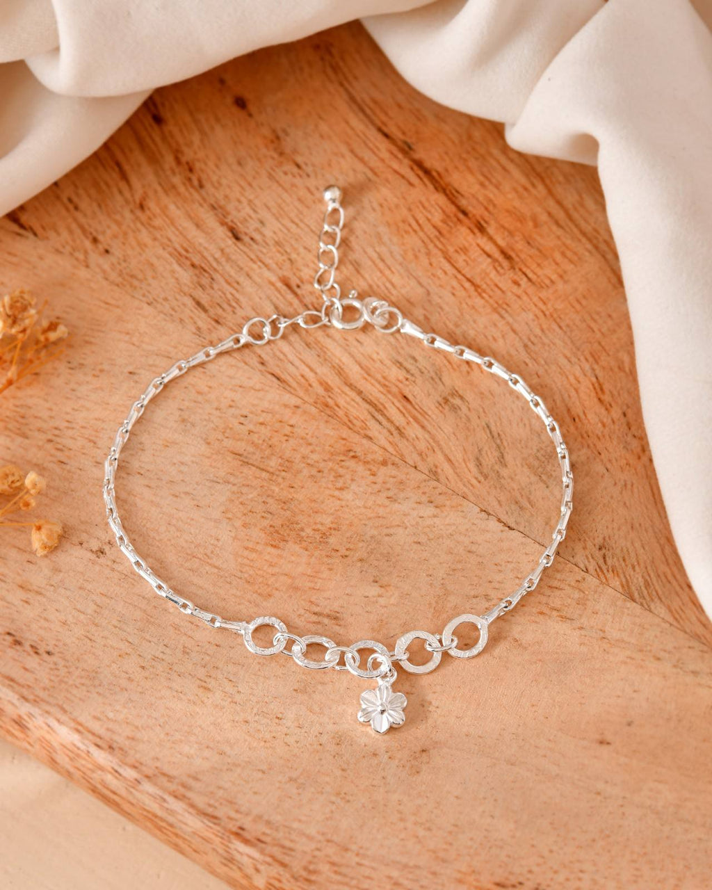Floral Circle Link Silver Bracelet