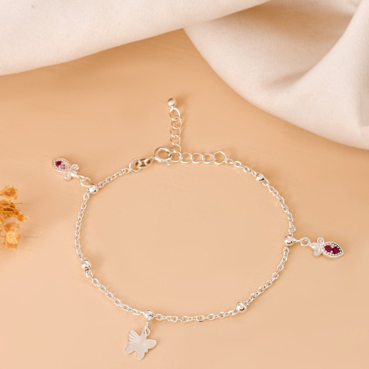Red Stone Charm Silver Bracelet