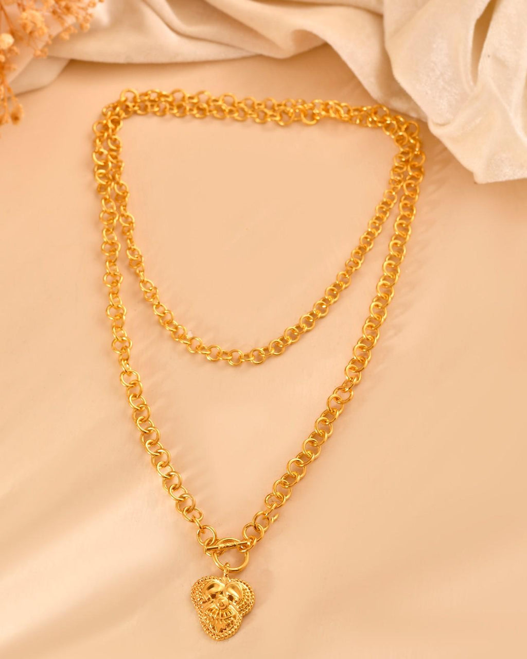 Silver Gold-Plated Double Layered Round Link Chain with Heart Pendant