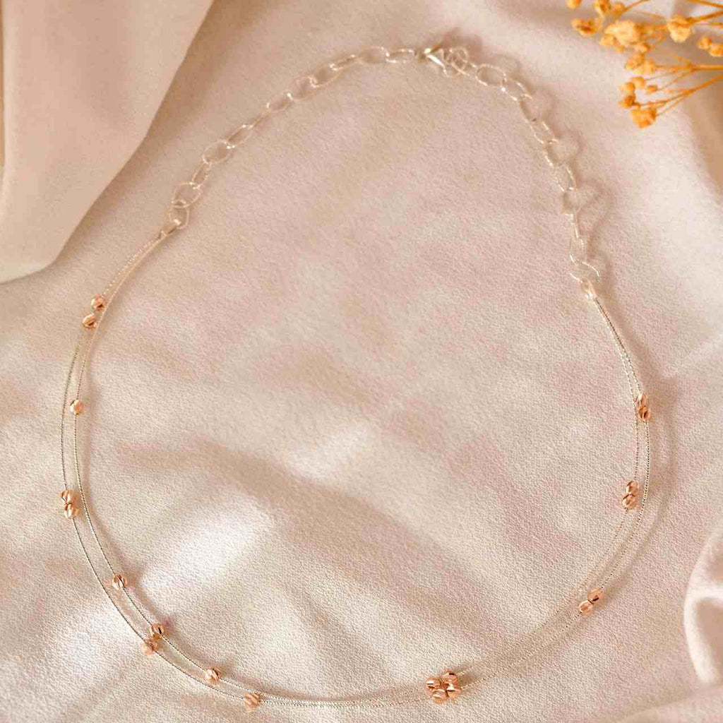 Delicate 925 Silver Layered Cable Chain with Rose Gold Beaded Accents
