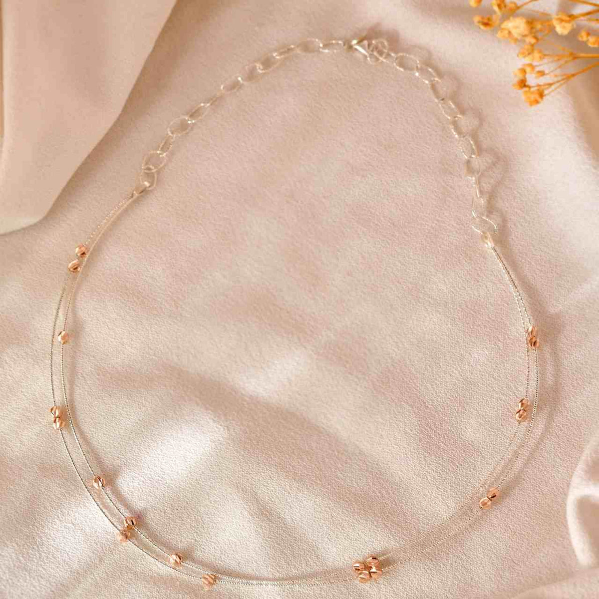 Delicate 925 Silver Layered Cable Chain with Rose Gold Beaded Accents