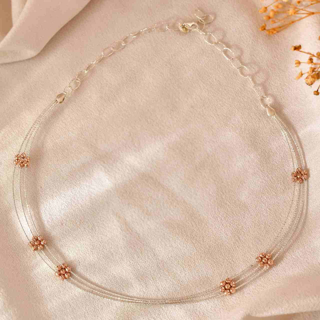 Delicate 925 Silver Multi-Strand Chain with Rose Gold Beaded Flower Accents