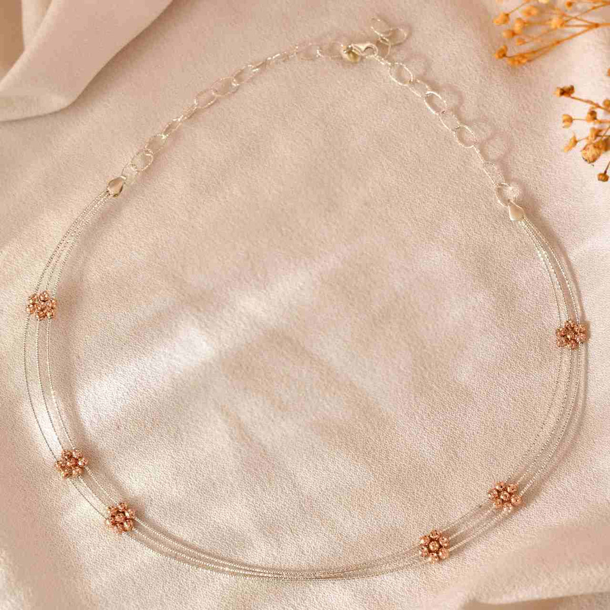 Delicate 925 Silver Multi-Strand Chain with Rose Gold Beaded Flower Accents