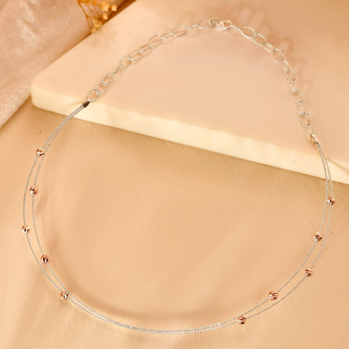Delicate 925 Sterling Silver Layered Chain Necklace with Rose Gold Beads
