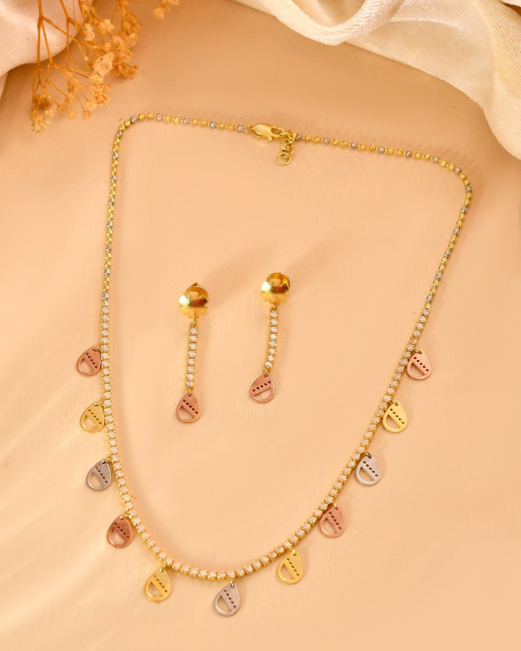 Elegant 925 Sterling Silver Tri-Tone CZ Stone Necklace Set with Matching Drop Earrings