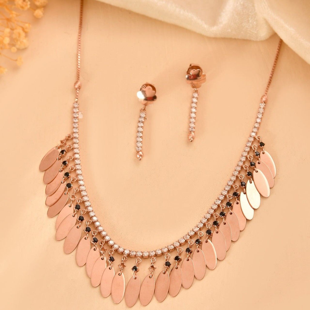 Glamorous 925 Sterling Silver Rose Gold CZ & Black Stone Fringe Necklace Set with Drop Earrings