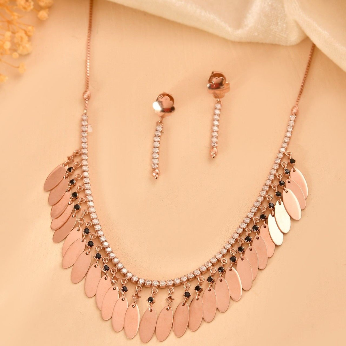 Glamorous 925 Sterling Silver Rose Gold CZ & Black Stone Fringe Necklace Set with Drop Earrings