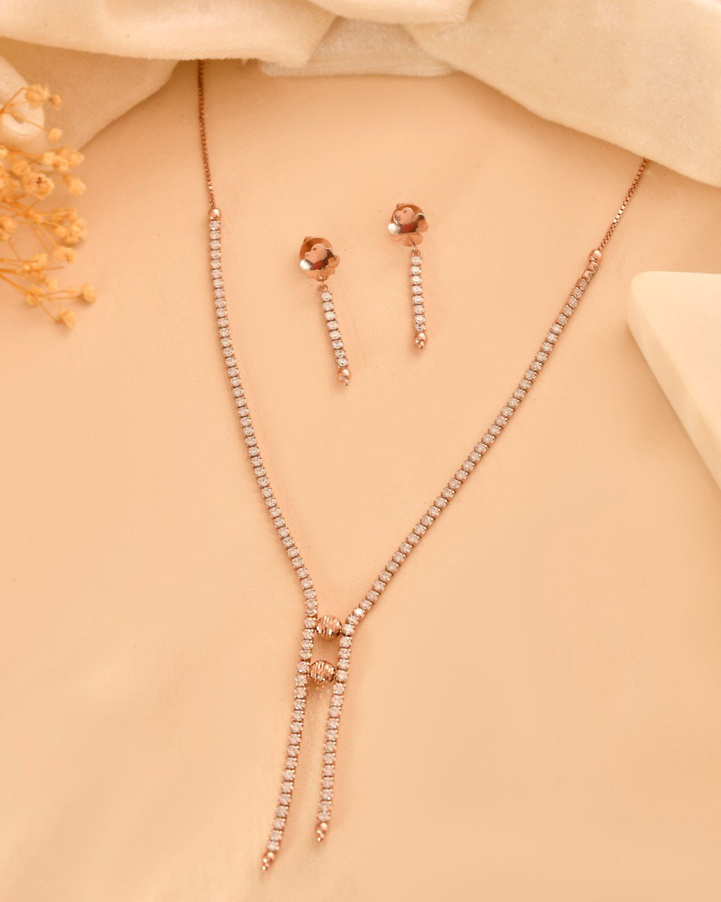Dazzling 925 Sterling Silver Rose Gold CZ Lariat Y-Necklace Set with Linear Drop Earrings