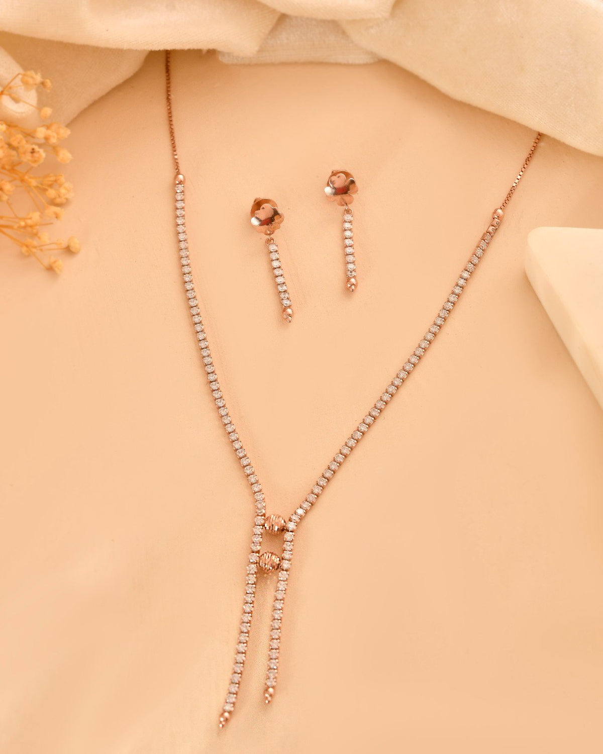 Dazzling 925 Sterling Silver Rose Gold CZ Lariat Y-Necklace Set with Linear Drop Earrings